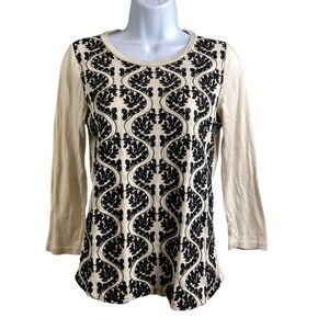 J Crew Women's Cream‎ Black Filigree Design Top Size S Moto Boho Art To Wear